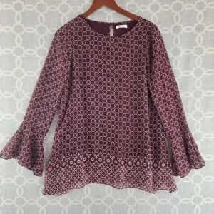 Max Studio Crew Neck‎ Bell Sleeve Geometric Print Chiffon S